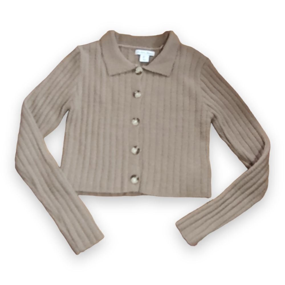 London Kaye Cropped Button Down Ribbed Long Sleeve Knit Sweater with Collar US L